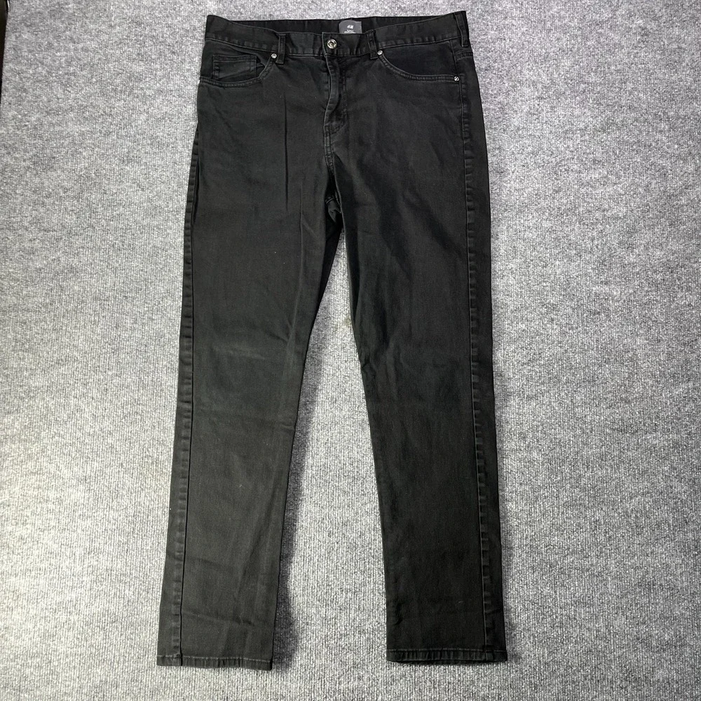 H&M Slim Fit Jeans Men's Black Denim Classic Stretch Pockets Zip Fly Y2K - 35X30
